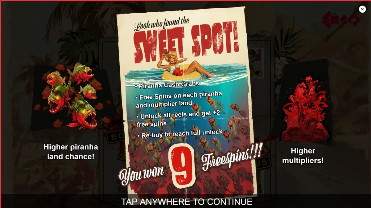 Interface vibrante do slot Piranha Bite Club com tema tropical e piranhas