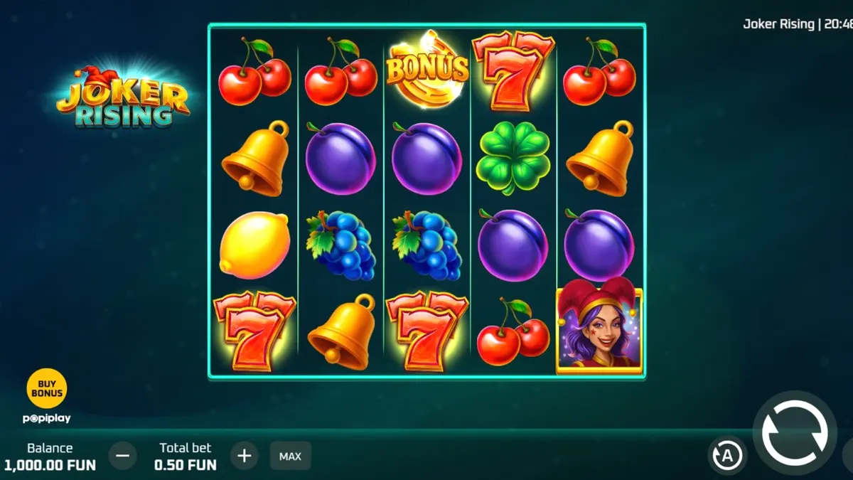Interface colorida e neon do slot Joker Rising com símbolos de frutas e o Joker central